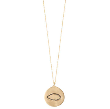 The Happy Necklace is a must for your jewellery box!  These simple yet elegant pendant necklaces are timeless.  Featuring a large gold plated disc paved with black zircons these will elevate any outfit.   Great for day or night (chain 68cm long).    