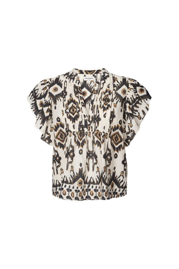 The Isabel Top from Lollys Laundry is in an earth toned Aztec print.  It features a round neckline with a front closure, which makes it a v-neck when worn open.  It has beautiful pleats on the front, and short sleeves with frills.  Easily dress this top up or down with a jean or smart trouser.