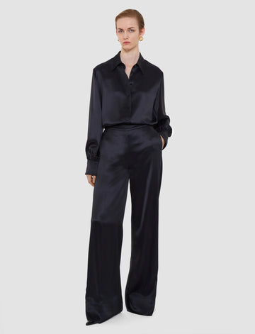 The Dijon Double Satin Trousers definitely deserve a spot in your silky trouser collection!&nbsp; Crafted from a responsibly sourced super soft fabric which in known for it's lustrous silk like texture and featuring a high rise, a wide leg, a flat front with elastic back waistband these give a clean finish and an extremely elegant silhouette.&nbsp; Great for the party season!