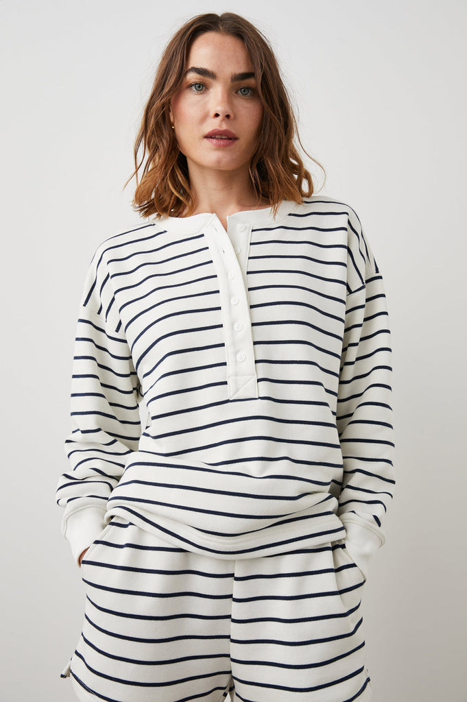 Channel your beach or boat day vibe with this striped jumper!&nbsp; Crafted from super soft vintage terry material this will keep you cozy if the clouds come out of it's a breezy day!&nbsp; Functional buttons and binding details elevate this jumper.&nbsp; Pair it will the matching Jane Shorts for a co-ord look.