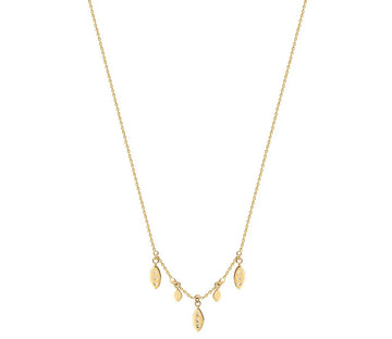 The Kalista necklace is a must for your jewellery box!  This simple yet elegant pendant necklace is timeless.  Featuring five gold plated oval discs with sparkly crystals it will elevate any outfit.   Great for day or night (chain 42cm long. 47cm with extension).    