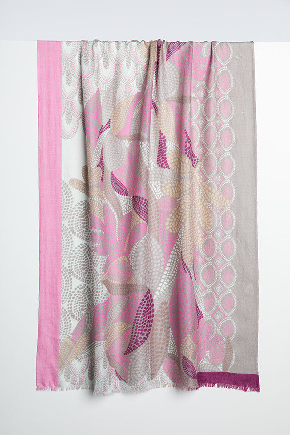 Another gorgeous printed scarf from luxury cashmere brand Kinross Cashmere.  Crafted from the finest silk and cashmere these are so incredibly soft and will elevate any of your neutral knits, dresses or coats.  The pink print looks especially gorgeous with all your taupes and greys.