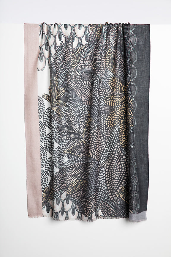 Another gorgeous printed scarf from luxury cashmere brand Kinross Cashmere.  Crafted from the finest silk and cashmere these are so incredibly soft and will elevate any of your neutral knits, dresses or coats.  The print looks especially gorgeous with all your taupes and greys.