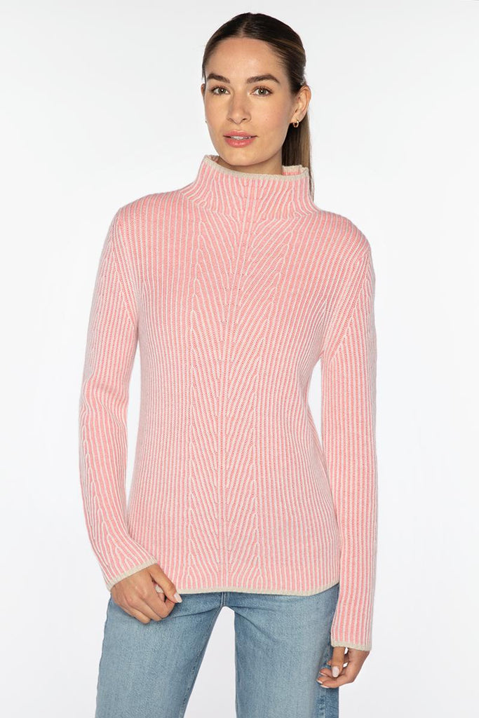 This 100% cashmere Plaited Rib Jumper from Kinross features a funnel neckline and a two-tone rib detail throughout. In this fun Coral Multi colour - this jumper is the perfect pick me up for our grey winter skies!&nbsp;