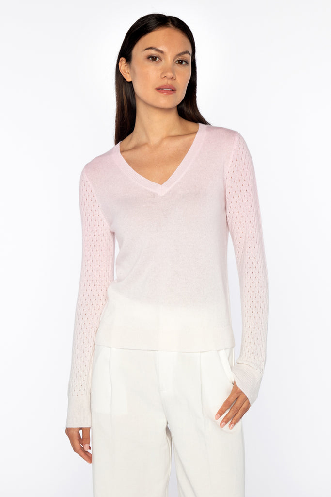 Super delicate and feminine cashmere v neck from Kinross Cashmere.&nbsp; In a pretty blush ombre dropping down to white with lovely long sleeves this is perfect with your favourite white denim for a fresh look!