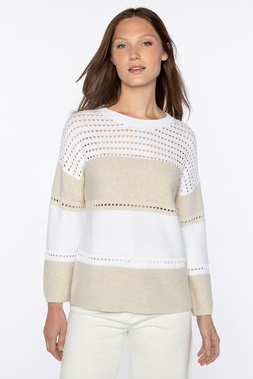 This Textured Pullover from Kinross Cashmere is crafted from a super soft cotton and features a crew neckline, crochet detailing and wide stripes. Wear with white jeans and trainers or over dresses for the colder evenings.