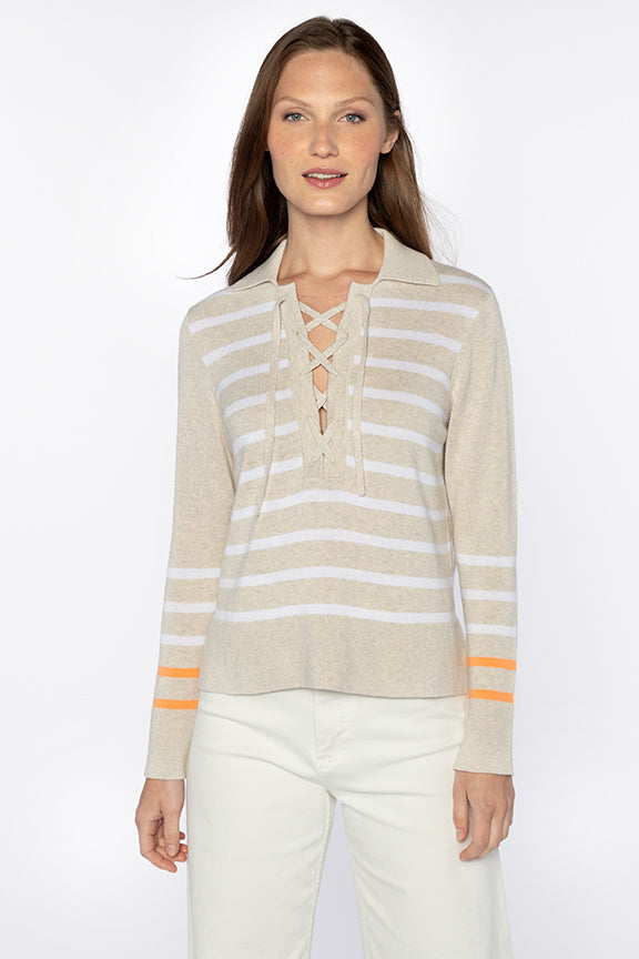 This Stripe Polo from Kinross Cashmere features a lace up detail at the chest, a collar and contrast stripes at the cuff. Wear with white jeans and trainers for a sporty Spring look.