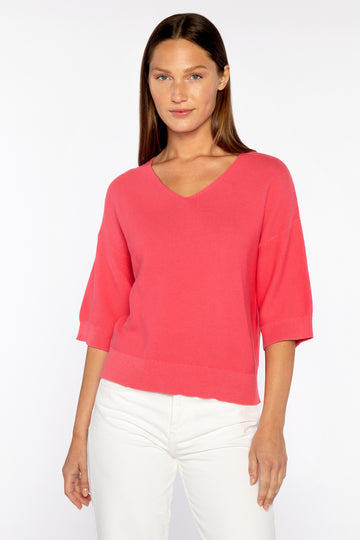 Super soft and easy to wear V Neck from Kinross.&nbsp; In a pretty poppy pink and featuring a relaxed shaped and a flattering v neck this is perfect paired with your white denim!&nbsp; A nice neutral is also available in store.