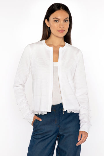 We love a white cardi and this 100% cotton one from Kinross is super soft and super sexy!&nbsp; Yes sexy!&nbsp; With fringing from the elbow down and at the hem this is gorgeous worn on it's own unzipped a bit with your favourite wide legged denim.&nbsp; It's equally fab over a vest.&nbsp; A great wardrobe staple.