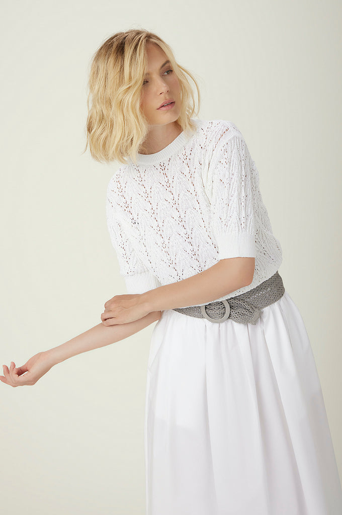 Gorgeous cotton crochet knit from chic Italian brand Le Tricot Perugia.  Can one ever have enough white jumpers!  Featuring 1/2 length sleeves, a flattering crew neck and a super soft texture this is one you'll reach for again and again.
