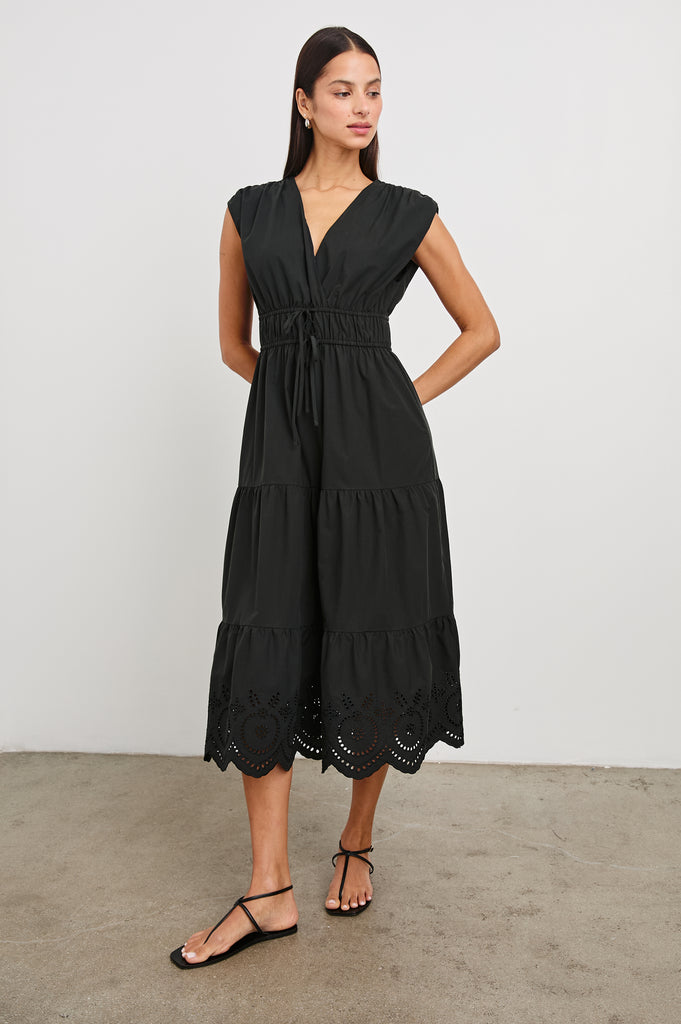 Hello Lucia!&nbsp; This midi dress from Rails is the perfect transitional piece for the new season. Made from crisp cotton poplin, Lucia features cap sleeves, eyelet detailing throughout and a flattering tiered skirt with laser cut detailing at the hem.&nbsp; Another great dress from Rails that is perfect for dressing up or down!