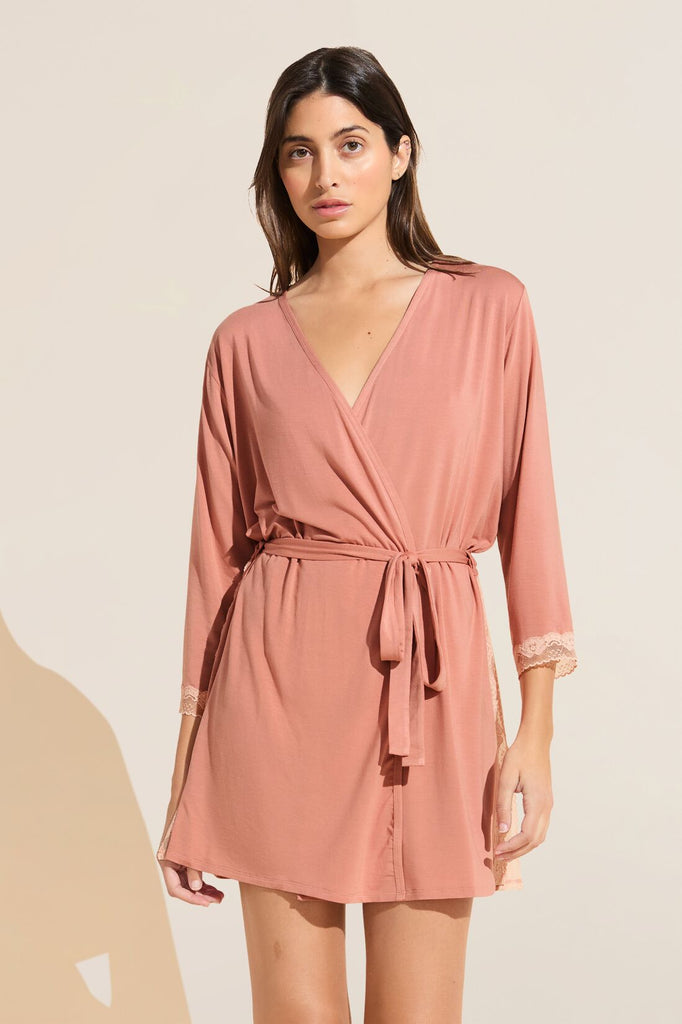 What a gorgeous feminine robe!&nbsp; The Flora Robe from Eberjey features 3/4 length sleeves, an adjustable belt, lace detailing down the side seams and cuffs and a true to size fit.&nbsp; Crafted from their signature super soft fabric this feels as good as it looks.&nbsp; Pair with the&nbsp; matching Flora Chemise or Cami &amp; Short set for a put together look.&nbsp;&nbsp;