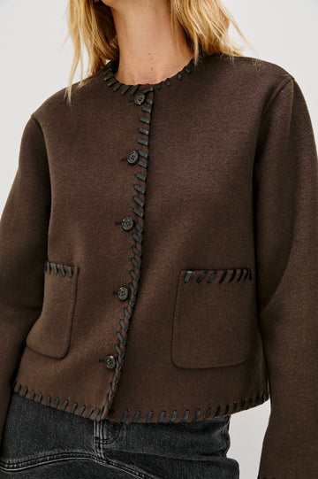 This is a pretty jacket style from our favourite Californian lifestyle brand Rails.&nbsp; The Melanie Black Jacket features a boxy shape, 1 patch pocket, centre button closure and black detailing at the seams.&nbsp; A great extra layer as the temperatures get a bit chillier this looks perfect over a white tee with your favourite denim.