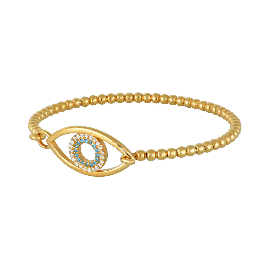 We are excited to be stocking Greek jewellery brand Marianna Lemos!  The striking Mini Avra II Blue Bracelet is crafted from 22 carat gold plated Sterling silver and features an eye with a circle of aqua and white crystals. The beaded band has a hook fastening and comes in two sizes. The Extra Small/Small fits wrist circumference 14-15.5 cm and the Medium/Large 16-17.5 cm.