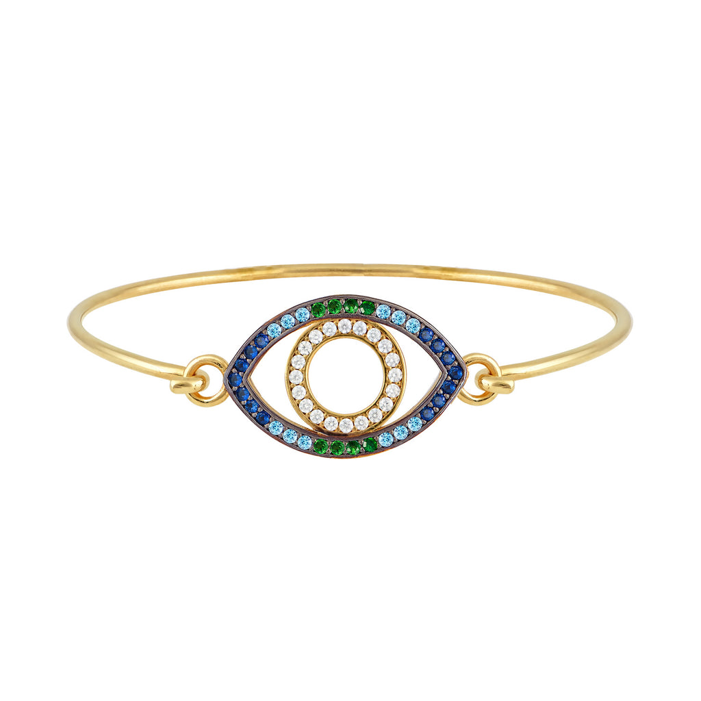 We are excited to be stocking Greek jewellery brand Marianna Lemos!  The striking Maia Blue Bracelet is crafted from 22 carat gold plated Sterling silver and the band has a hook fastening.  It features a blue and green crystal eye around a circle of white stones.  The Extra Small/Small fits wrist size 14-15.5cm and the Medium/Large wrist size 16-17.5 cm.  It is also available in a matching necklace!