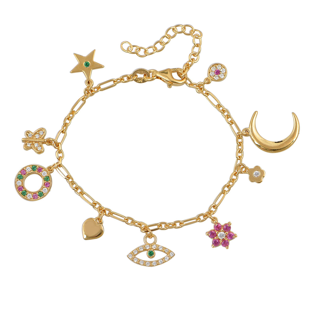 We are excited to be stocking Greek Jewellery brand Marianna Lemos! The stylish Charm Bracelet is crafted from 22 carat gold plated Sterling silver and features charms, including a star, moon, heart, butterfly, flowers and sparkling eye set with white, pink and green crystals. The charms are suspended from an adjustable wrist chain. Pair with the matching necklace for a put together look! 