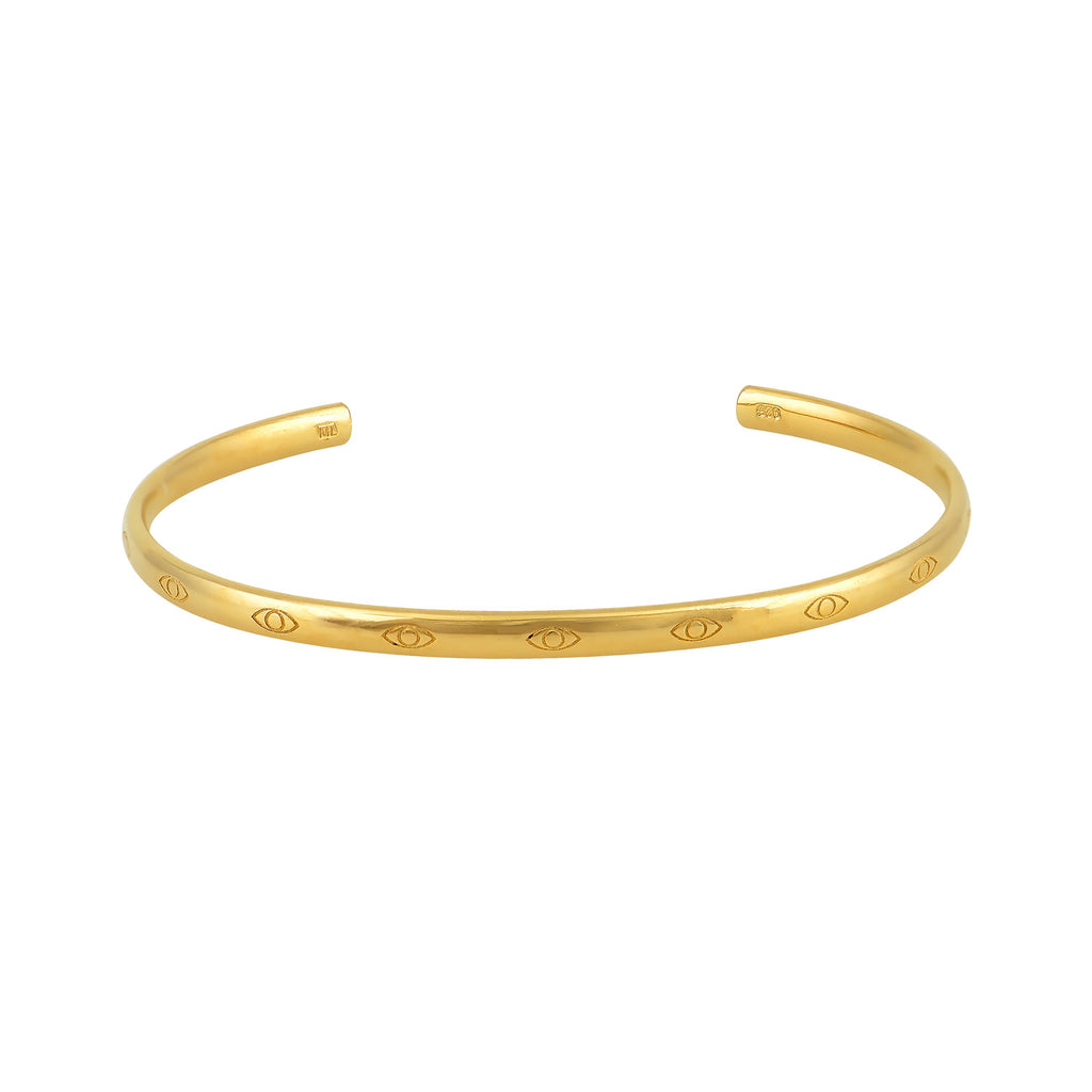 We are excited to be stocking Greek jewellery brand Marianna Lemos! The simple and elegant Eye Motifs Bangle is crafted from 22 carat gold plated Sterling silver and features engraved motifs. The Extra Small/Small fits wrist circumference 14-15.5 cm and the Medium/Large 16-17.5 cm.