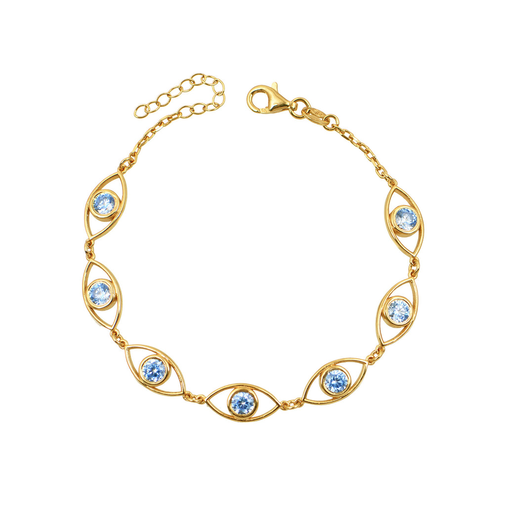 We are excited to be stocking Greek Jewellery brand Marianna Lemos!   The beautiful Aqua Eye Bracelet is crafted from 22 carat gold plated Sterling silver and features seven eye motifs set with aqua crystals on an adjustable chain.  Pair with the matching necklace or earrings (or both!).  