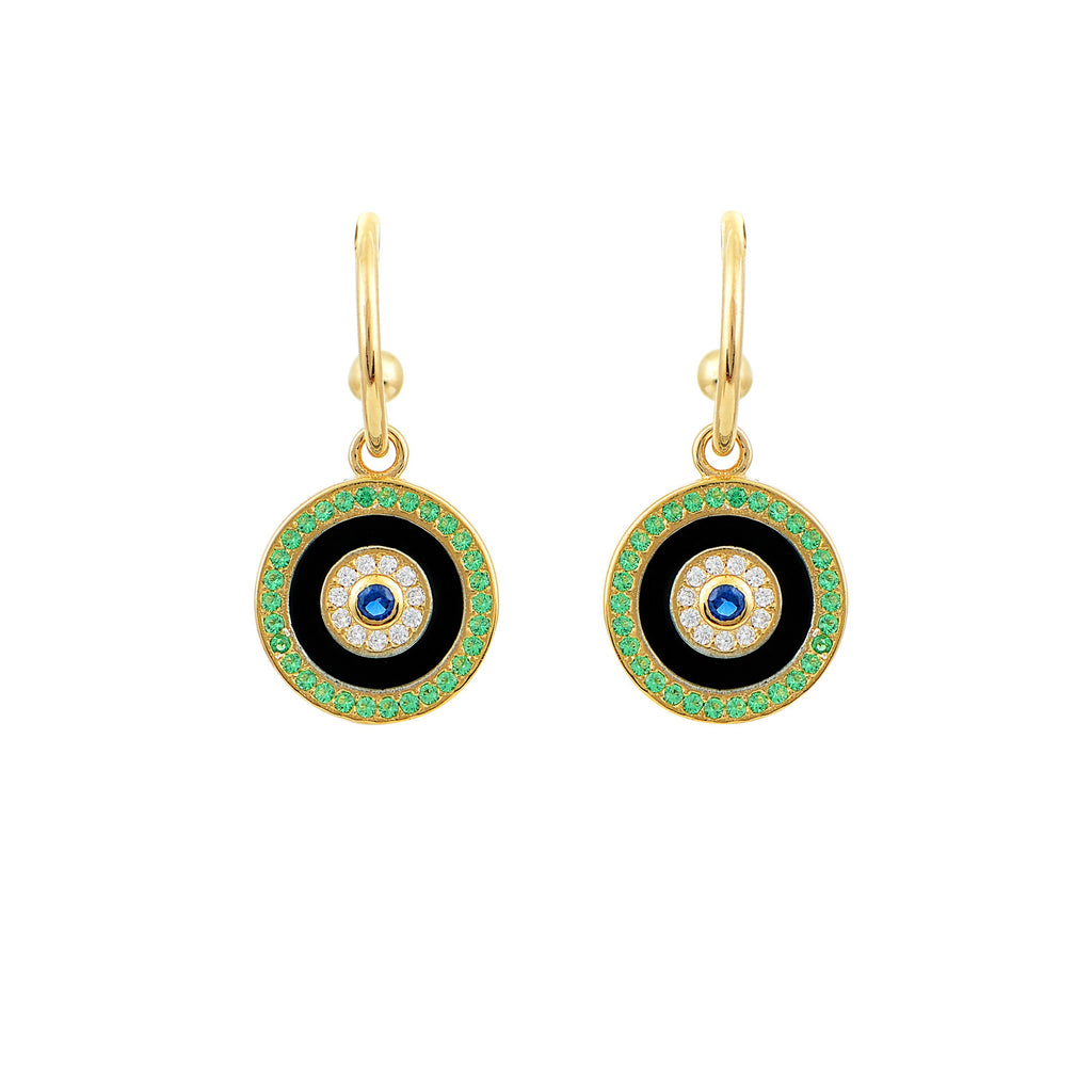 We are excited to be stocking Greek jewellery brand Marianna Lemos!  The fabulous Round Green Eye Earrings are crafted from 22 carat gold plated Sterling silver and feature a blue centre stone surrounded by white crystals and an outer circle of stunning green crystals.  They are suspended from stud hoops.  Pair with the matching necklace for a put together look!   