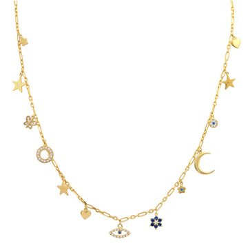 We are excited to be stocking Greek Jewellery brand Marianna Lemos!   The stylish Charm Necklace is crafted from 22 carat gold plated Sterling silver and features charms, including a star, moon, heart, butterfly, flowers and sparkling eye set with white and deep blue crystals.  The charms are suspended from an adjustable 50cm chain.  Pair with the matching bracelet for a put together look!