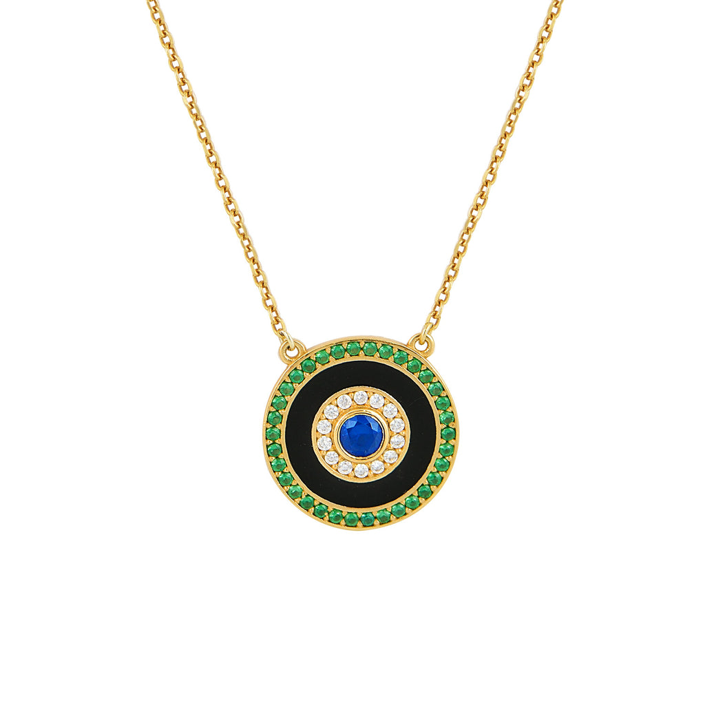 We are excited to be stocking Greek jewellery brand Marianna Lemos!  The fabulous Round Green Eye Necklace is crafted from 22 carat gold plated Sterling silver and features a blue centre stone surrounded by white crystals and an outer circle of stunning green crystals suspended from an adjustable 48cm fine chain.    Pair with the matching earrings for a put together look!