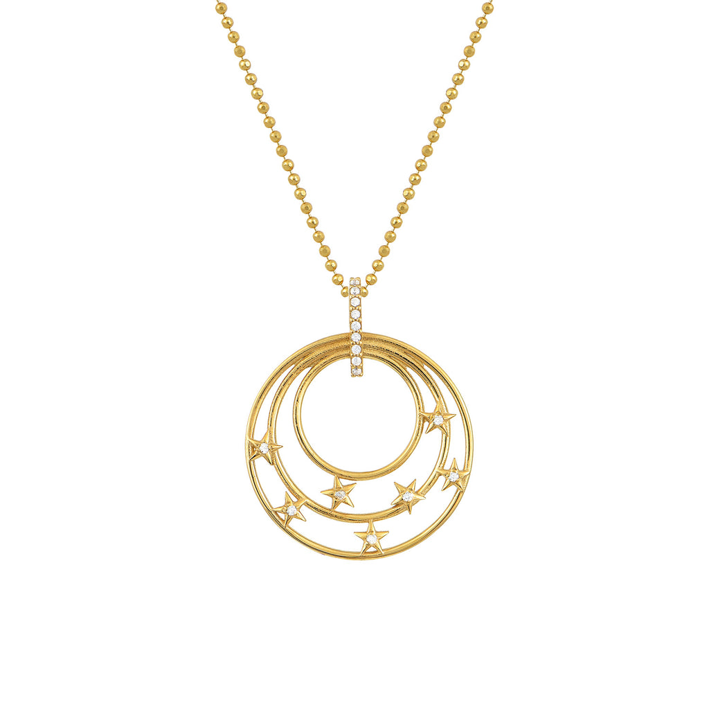 We are excited to be stocking Greek jewellery brand Marianna Lemos!  The stylish Cosmos Necklace is crafted from 22 carat gold plated Sterling silver and features a pendant of three circles set with white crystal stars and suspended from an adjustable 48cm fine ball chain.    Pair with the matching earrings for a put together look!