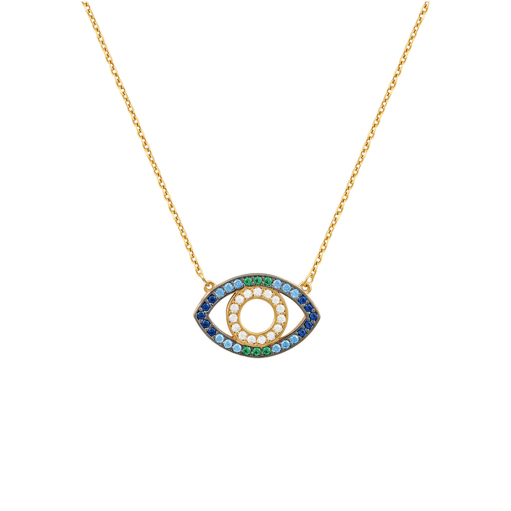 We are excited to be stocking Greek jewellery brand Marianna Lemos!  The striking Maia Blue necklace is crafted from 22 carat gold plated Sterling silver and features a blue and green crystal eye around a circle of white stones.  It has an adjustable 40cm chain.   Pair with the matching bracelet to complete any outfit!   