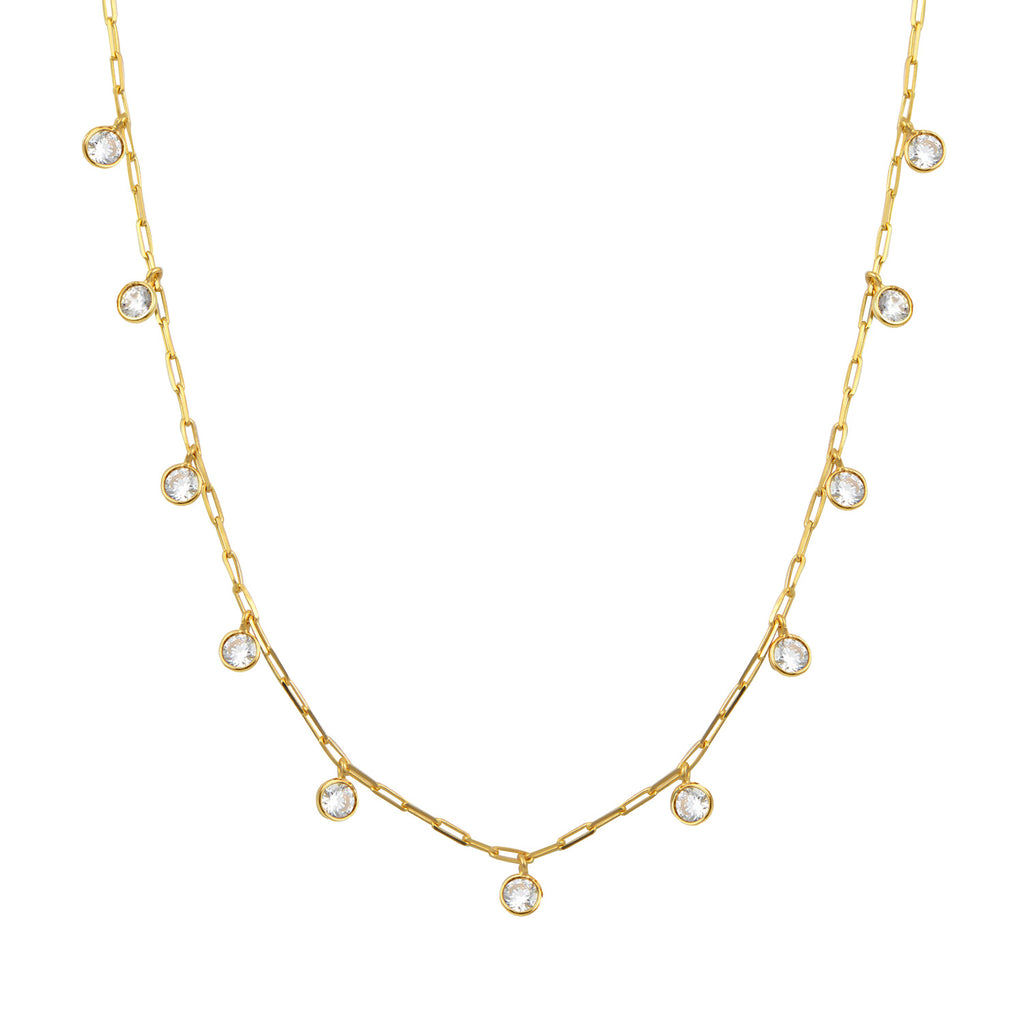 We are excited to be stocking Greek Jewellery brand Marianna Lemos!   The stylish Drops Necklace is crafted from 22 carat gold plated Sterling silver and features 10 circular motifs set with white crystals suspended from an adjustable 40cm paperclip chain.  Also available in aqua.   