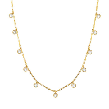 We are excited to be stocking Greek Jewellery brand Marianna Lemos!   The stylish Drops Necklace is crafted from 22 carat gold plated Sterling silver and features 10 circular motifs set with white crystals suspended from an adjustable 40cm paperclip chain.  Also available in aqua.   