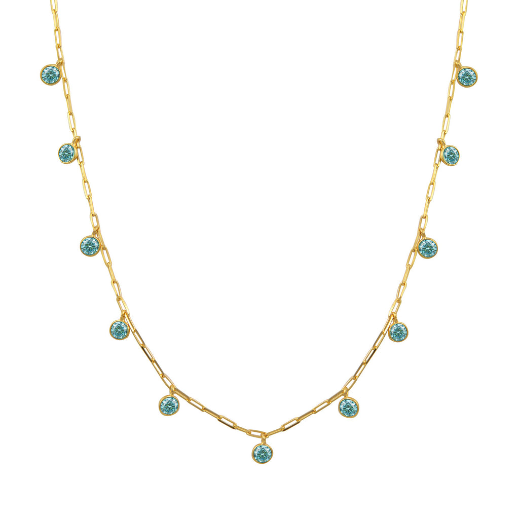 We are excited to be stocking Greek Jewellery brand Marianna Lemos! The stylish Drops Necklace is crafted from 22 carat gold plated Sterling silver and features 10 circular motifs set with aqua crystals suspended from an adjustable 40cm paperclip chain. Also available in white. 