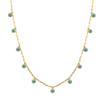 We are excited to be stocking Greek Jewellery brand Marianna Lemos! The stylish Drops Necklace is crafted from 22 carat gold plated Sterling silver and features 10 circular motifs set with aqua crystals suspended from an adjustable 40cm paperclip chain. Also available in white. 