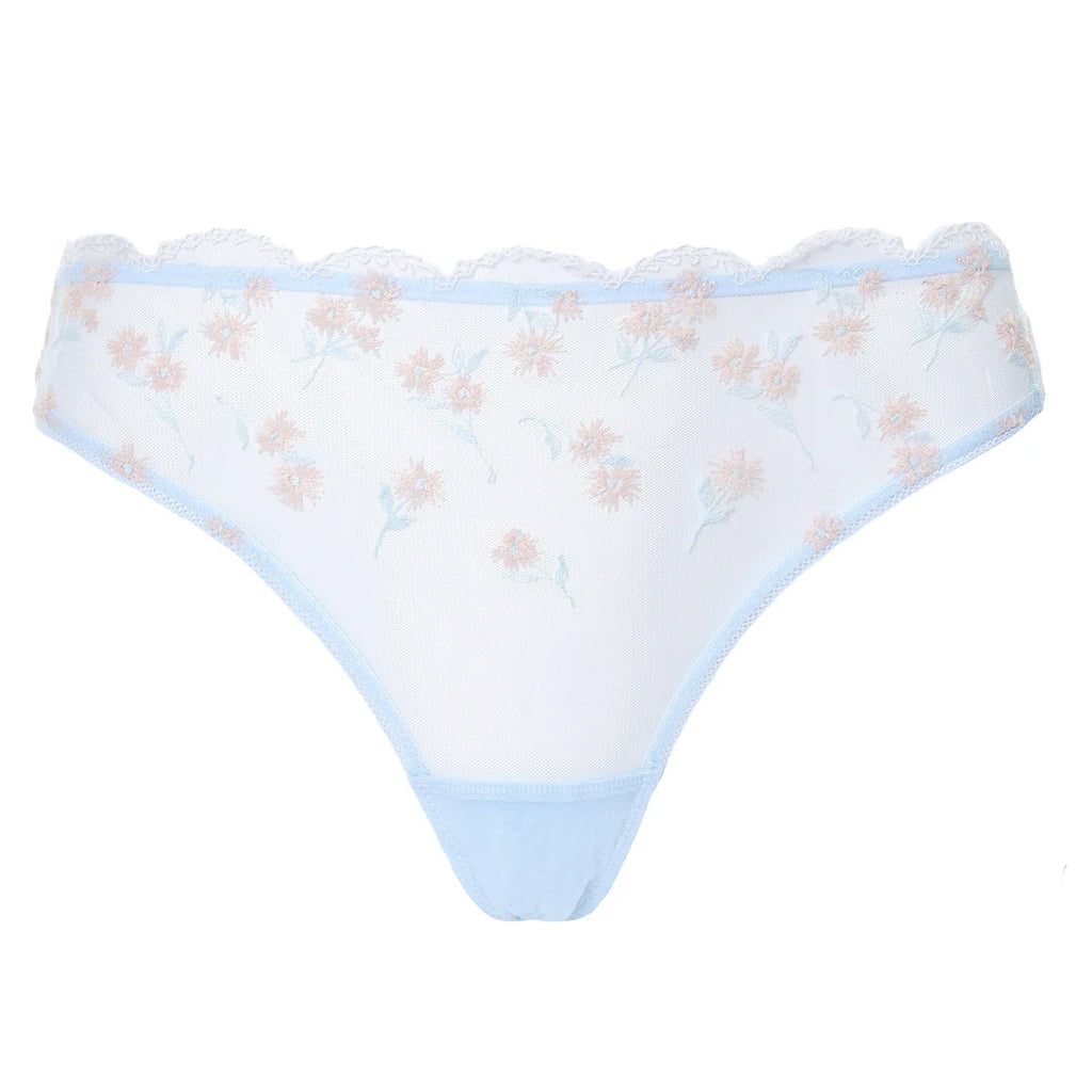 Delicate embroidered flowers scatter across these pale blue lace knickers. Match with either the bralette or underwired bra in the same style.