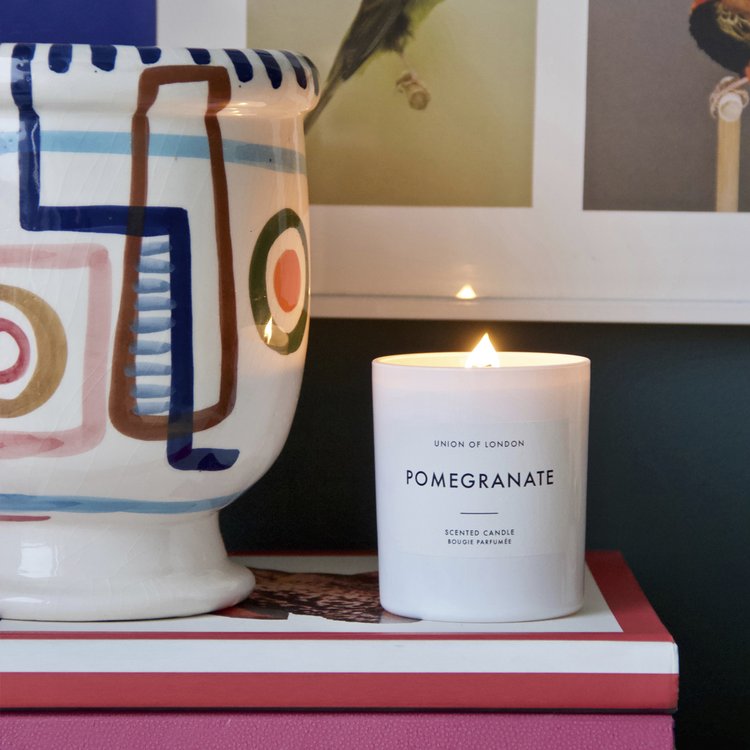 We are so delighted to be stocking Union of London's gorgeous candles.  The Pomegranate large white candle has a beautifully blended scent of fruity pomegranate and raspberry combined with a floral note of lily and then the added warmth of amber and guaiac wood.  All of Union of London's candles are hand poured from soy wax and they only use quality fragrances and essential oils so they give a lovely clean burn.  The unique wide cotton wick creates a large warm light giving any room an added elegance.