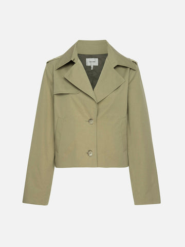 Wardrobe items become classic for a reason and the timeless silhouette of a trench will always merit a place in your wardrobe.&nbsp; Frame have updated this classic for warmer weather with a flattering cropped length, wide lapels, epaulettes, a traditional back storm flap, horn buttons and a modern straight hem.&nbsp; In a universally appealing khaki this will give your daily uniform a polished finish.
