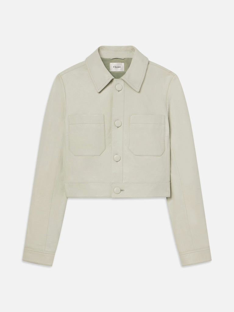 Frame's gorgeous best-selling leather jacket is back this season in Soft Mint!&nbsp; Crafted from sumptuously soft lamb leather and featuring a simple front button design and a cropped, boxy silhouette this is one of those pieces you fall in love with.&nbsp; Perfect over dresses, paired with skirts or denim - you will reach for it again and again.