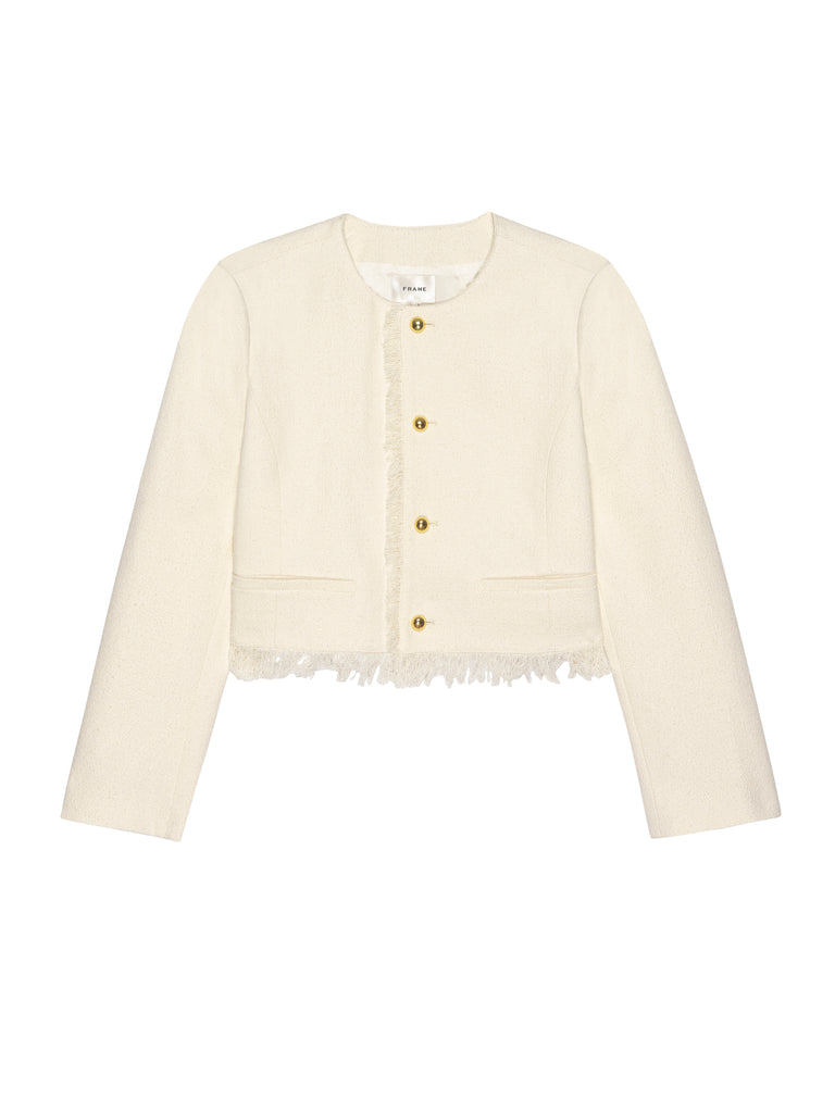 We love a bit of fringe and this gorgeous jacket from uber cool brand Frame in always wearable white features lovely fringing at the hem and cuff.&nbsp; With a super neat fit and gold buttons this is the perfect little piece to dress us your denim - also looks fab over a little dress.&nbsp; A wardrobe classic that you will reach for again and again.