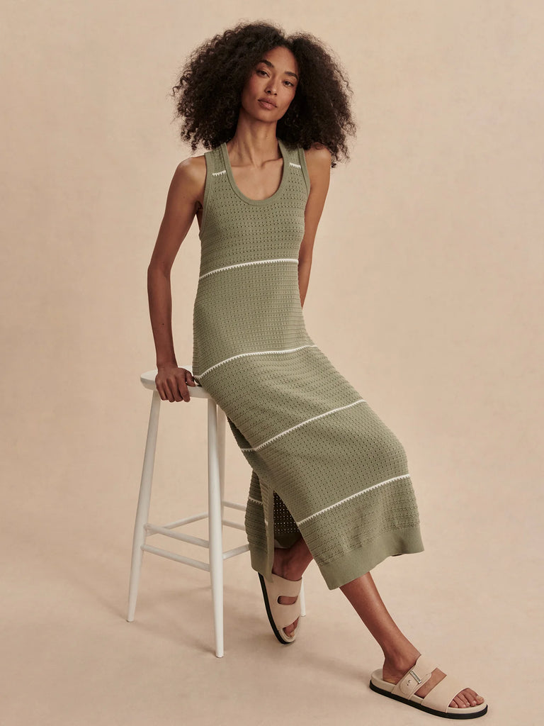 The Scott Midi dress is a lovely cotton knitted dress which comes in a gorgeous green with white stripe detail. It is an update on the classic Dwight dress, featuring a flattering scoop neck and side slits and it's super easy to dress up or down.