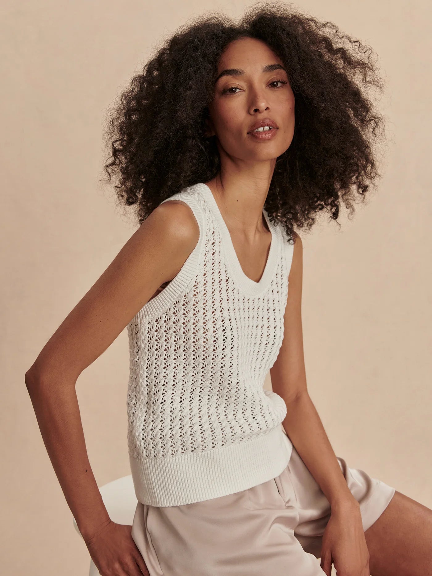 Varley Ferns Open-Knit Cotton Tank In White | UK