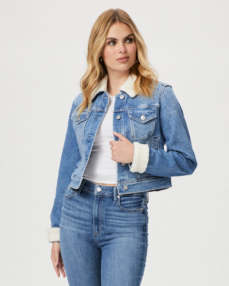 Our favourite denim jacket from uber cool brand Paige is back in a gorgeous vintage inspired wash with shearling details at the neck and cuff.  The relaxed fit and cropped style is the perfect throw on and go over your knits as the temperatures drop. 