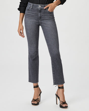 These high-rise straight jeans from Paige finish at the ankle with a raw hem. Cut from PAIGE's Vintage denim in a grey wash, these jeans feature whiskering and a slight marbled texture. The combination of comfort and stretch provides everything you love about authentic vintage denim. These super soft jeans feel perfectly lived-in from your very first wear. 