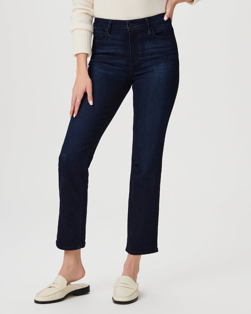 These high-rise, dark wash, straight jeans from Paige finishes at the ankle with a clean hem. Cut from PAIGE's Vintage denim, the combination of comfort and stretch provides everything you love about authentic vintage denim. These super soft jeans feel perfectly lived-in from your very first wear. 