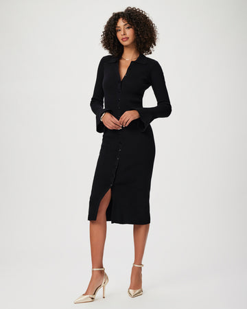 The Sundara Dress from Paige is crafted from recycled materials that do not compromise Paige's quality and comfort. This slim midi dress features a collar, a full button down front and bell sleeves. This is the perfect cold weather occasion dress!