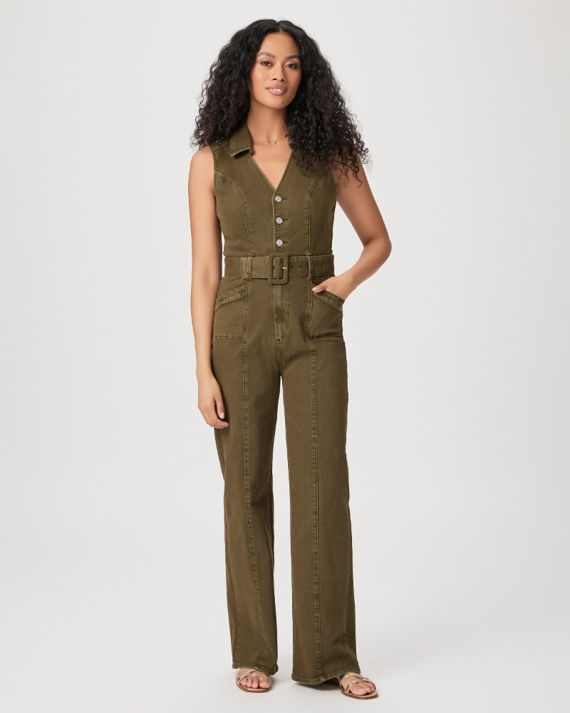 This stunning Sasha Jumpsuit is a new style for Paige.&nbsp; In a gorgeous olive colour and crafted from Paige's signature super soft fabric. Sasha features a flattering wide leg, patch front pockets, a self tie belt, a collar and sleeveless arms. With a flattering silhouette and a super long leg, this is one you'll reach for again and again.