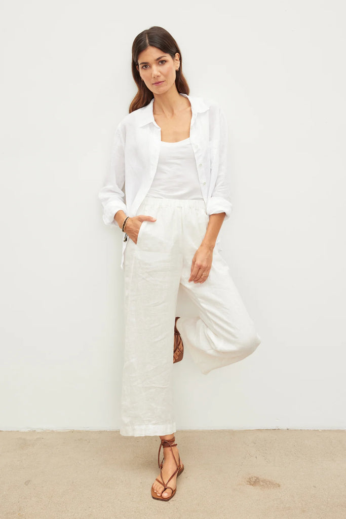 Velvet by Graham &amp; Spencer's fabulous Lola trousers are back this season in this great neutral tone. Crafted from woven linen these easy to wear pull on trousers feature a relaxed leg and a very slight ankle crop making them the perfect choice for a summer day.