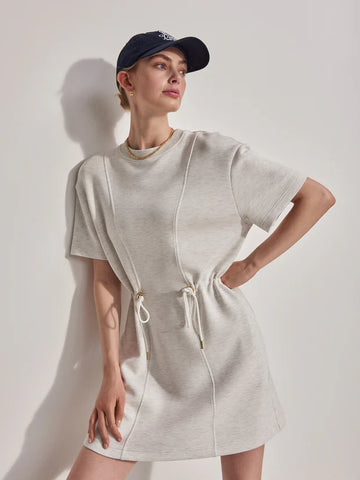 The easiest of dresses to take you from school run to travelling, the Maple is a crew neck t-shirt style dress made in Varley's amazing DoubleSoft® material. Sitting just above-the-knee, toggles cinch in the waist, there are side pockets, and an off duty seam detail complete this versatile dress.