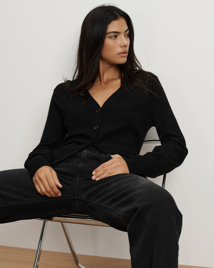 The Lamotte Cardigan is definitely a cardigan with a difference!&nbsp; Crafted from luxuriously soft black cashmere the Lamotte features a deep sexy v neckline, a split hem for a flattering shape, oversized blouson sleeves and ribbed trims.&nbsp; When paired with your favourite denim it will elevate that simple cardi and denim look to a whole new level!&nbsp;&nbsp;