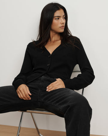 The Lamotte Cardigan is definitely a cardigan with a difference!&nbsp; Crafted from luxuriously soft black cashmere the Lamotte features a deep sexy v neckline, a split hem for a flattering shape, oversized blouson sleeves and ribbed trims.&nbsp; When paired with your favourite denim it will elevate that simple cardi and denim look to a whole new level!&nbsp;&nbsp;