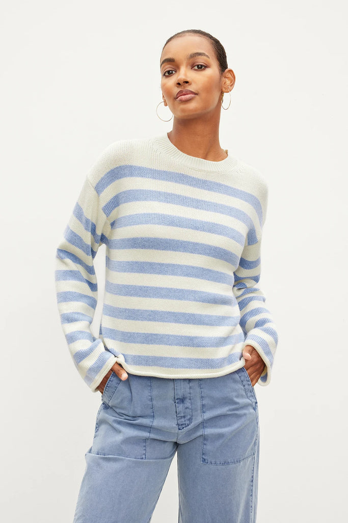 Who doesn't love a stripe!&nbsp; Super soft cotton cashmere jumper from Velvet by Graham &amp; Spencer in a nautical blue and off white stripe!&nbsp; This is perfect paired with your favourite ecru denim!