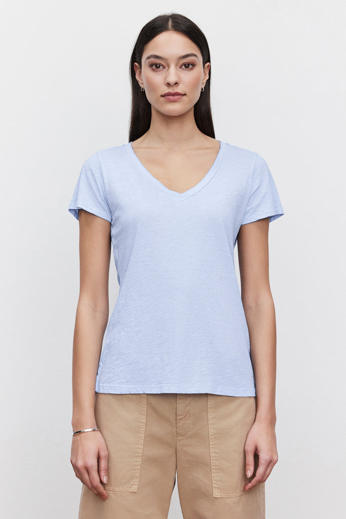 This is a great v-neck tee.&nbsp; A little bit preppy with a pinch of tomboy style, it's the perfect basic.&nbsp; Cut from Velvet's&nbsp; luxe cotton slub, it's super soft, washes beautifully and hugs your body in all the right spots.