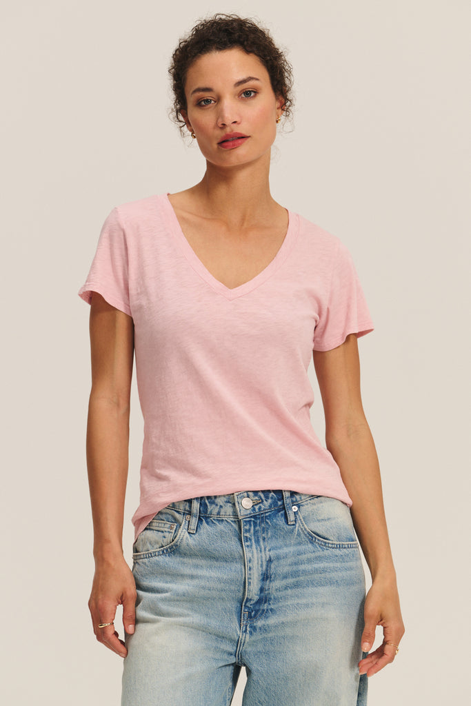 This is a great v-neck tee.&nbsp; A little bit preppy with a pinch of tomboy style, it's the perfect basic.&nbsp; Cut from Velvet's&nbsp; luxe cotton slub, it's super soft, washes beautifully and hugs your body in all the right spots.